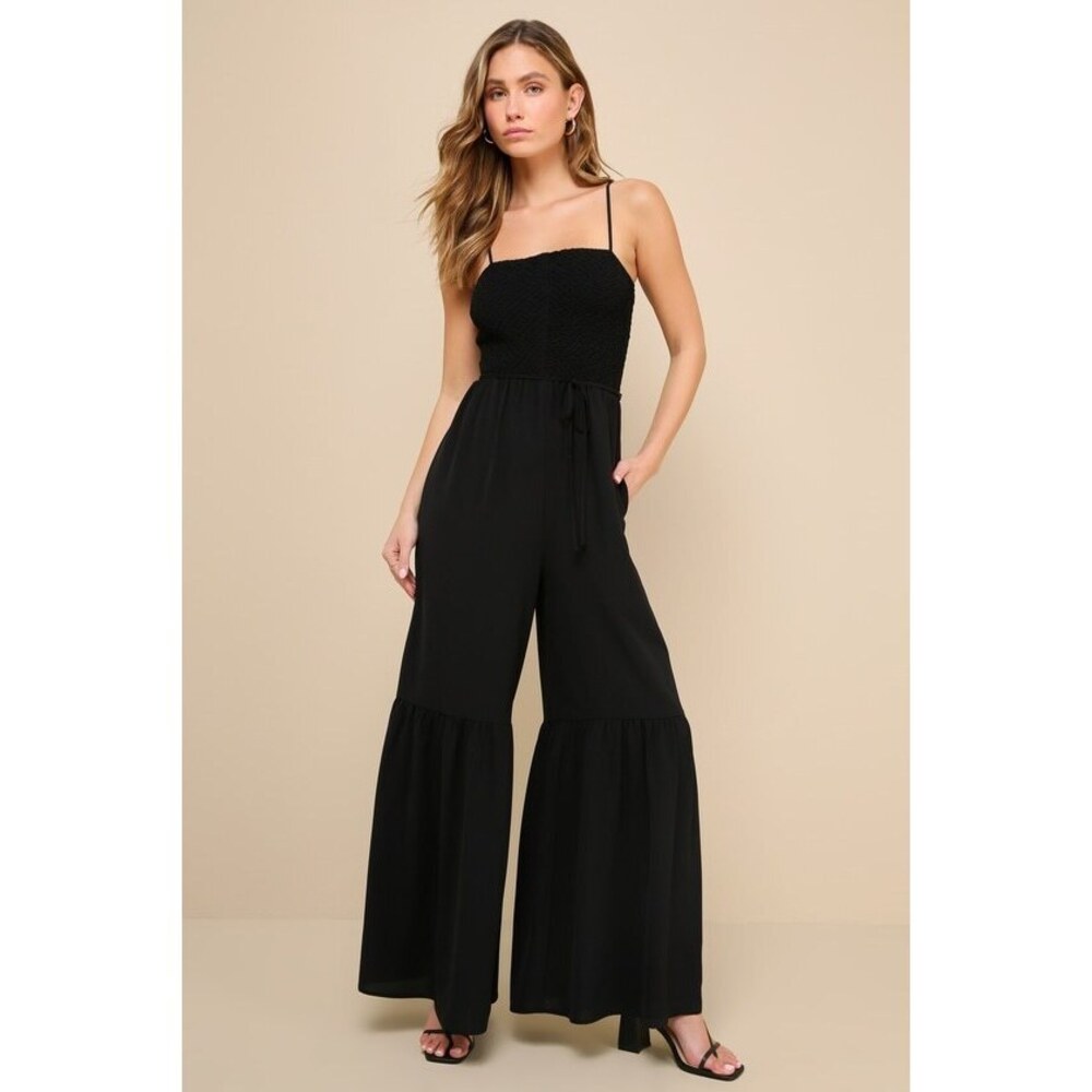NEW Lulus Pleasant Sweetness Black Smocked Wide-leg Jumpsuit - Size XS
